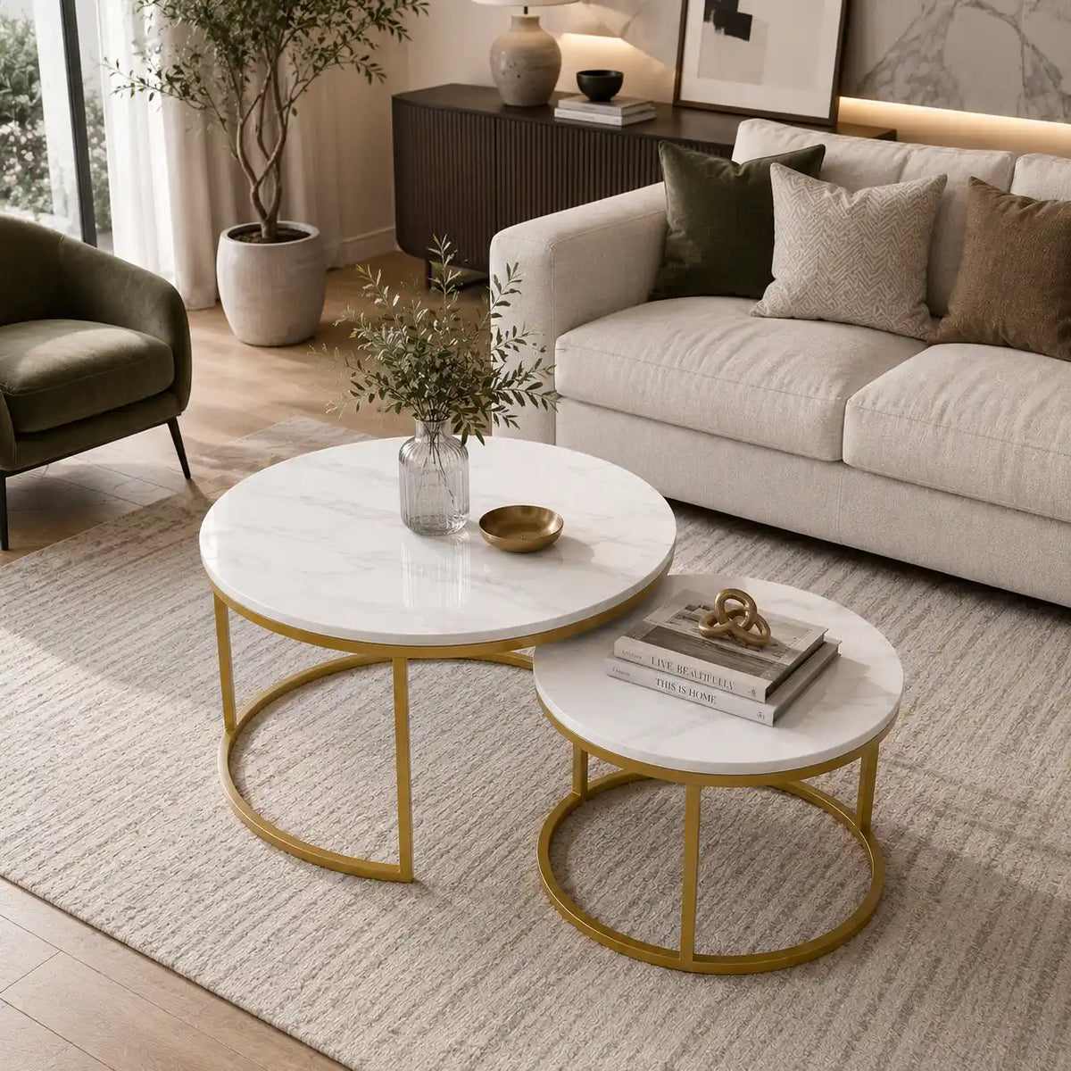 Classic White with Golden Metallic Finish Round Coffee Table Set of 2