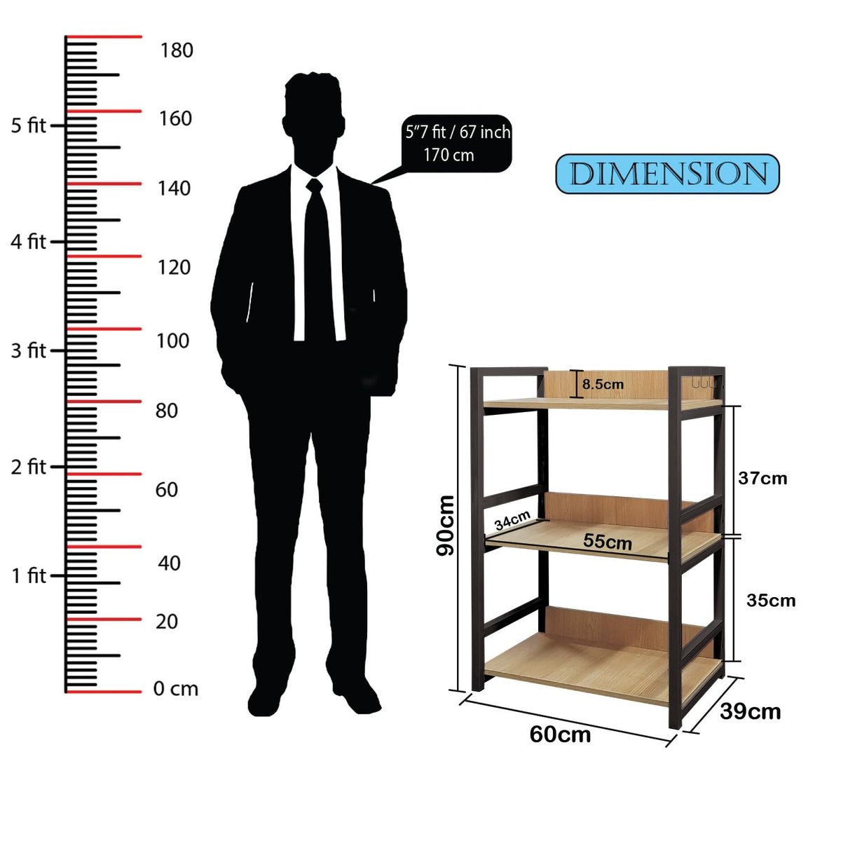 Classic Wooden Wall Shelf with Black Metallic Frame