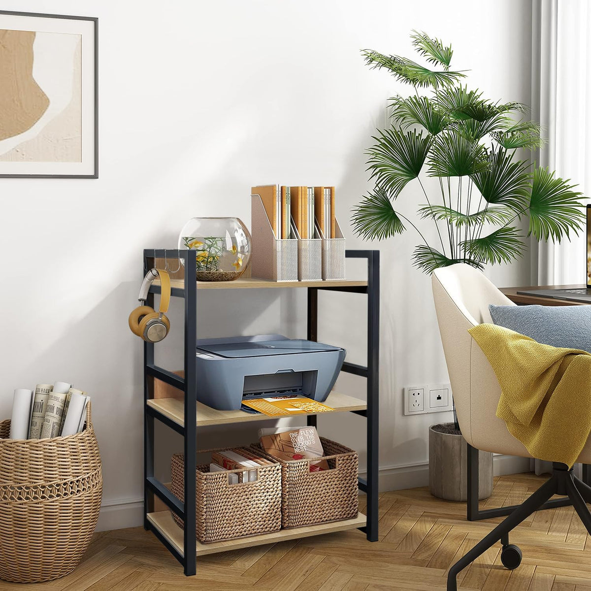 Classic Wooden Wall Shelf with Black Metallic Frame