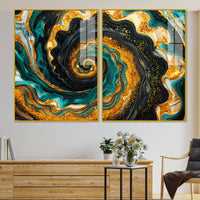 Premium Golden Crystal Circular Shape Acrylic Art Floating Wall Painting Set of 2