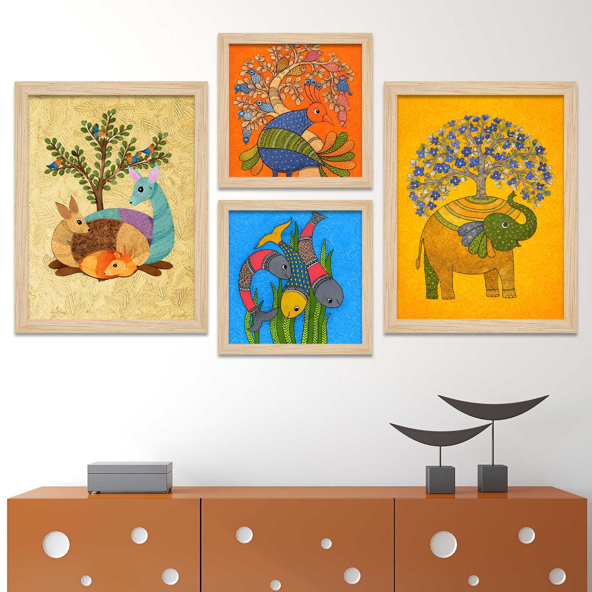 Colorful Animal Traditional Indian Folk Art Wall Frame Set of Four