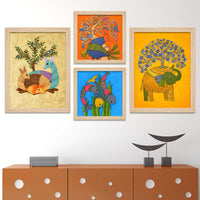 Colorful Animal Traditional Indian Folk Art Wall Frame Set of Four