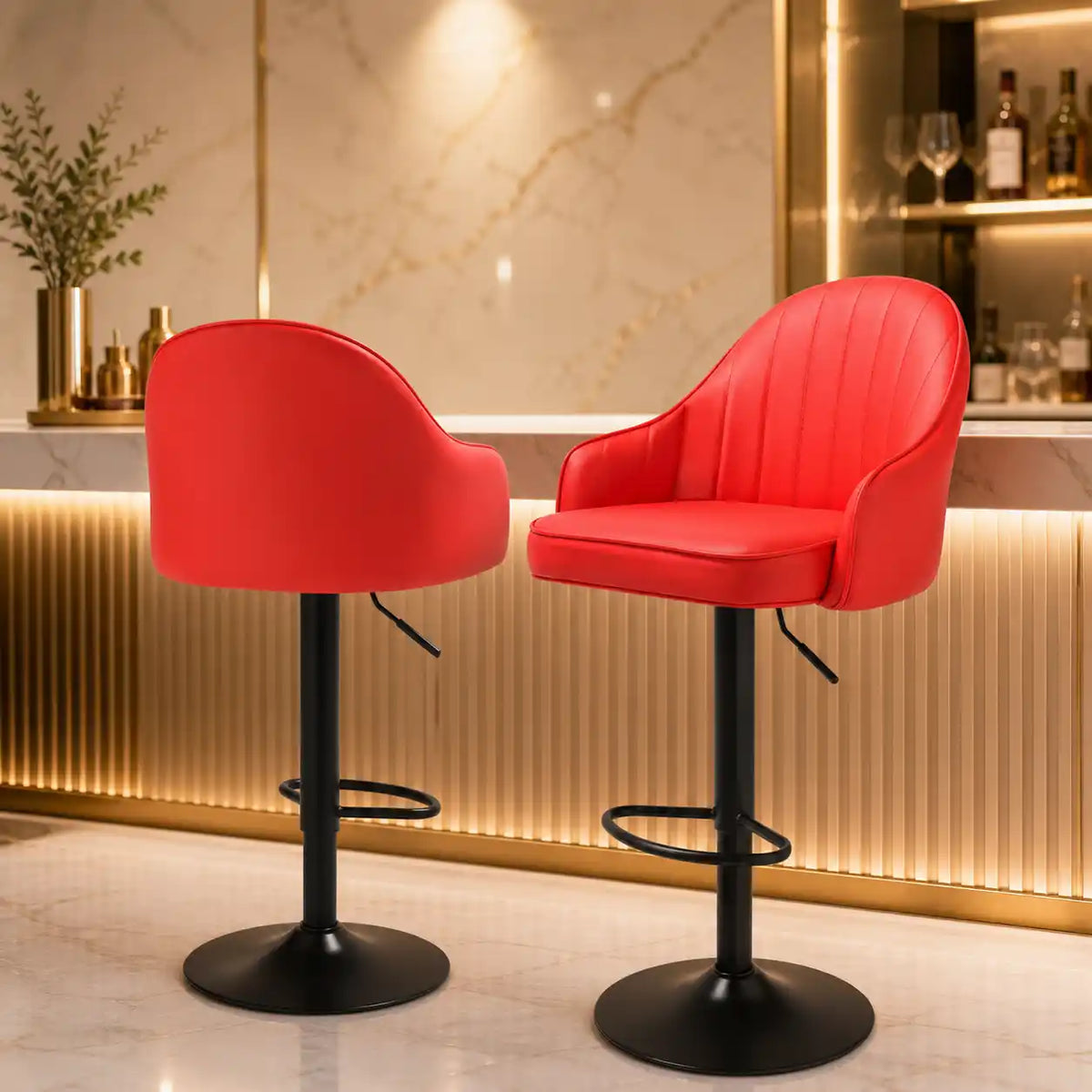 Comfortable Height Adjustable Red Lounge Bar Stools with Black Metal Base