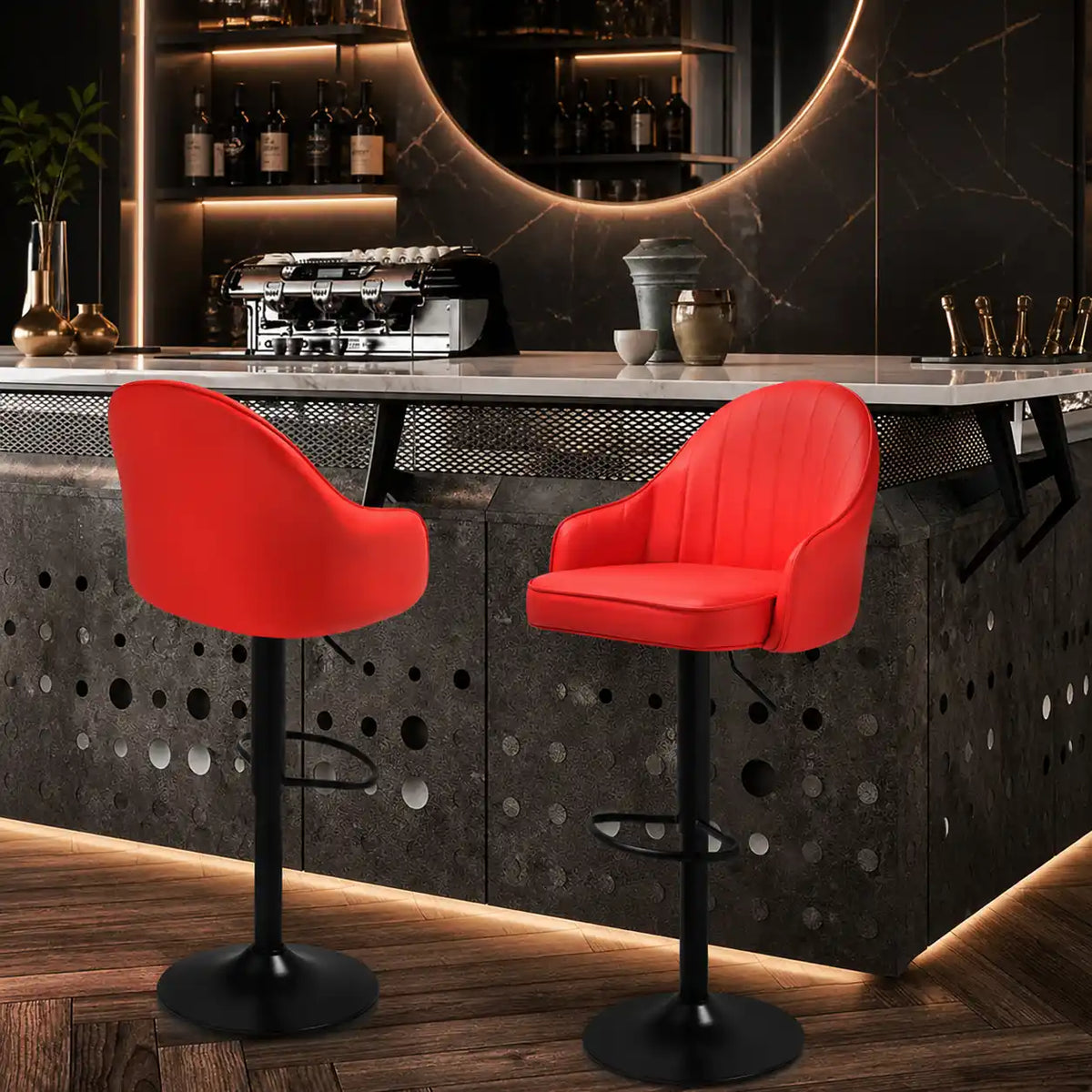 Comfortable Height Adjustable Red Lounge Bar Stools with Black Metal Base