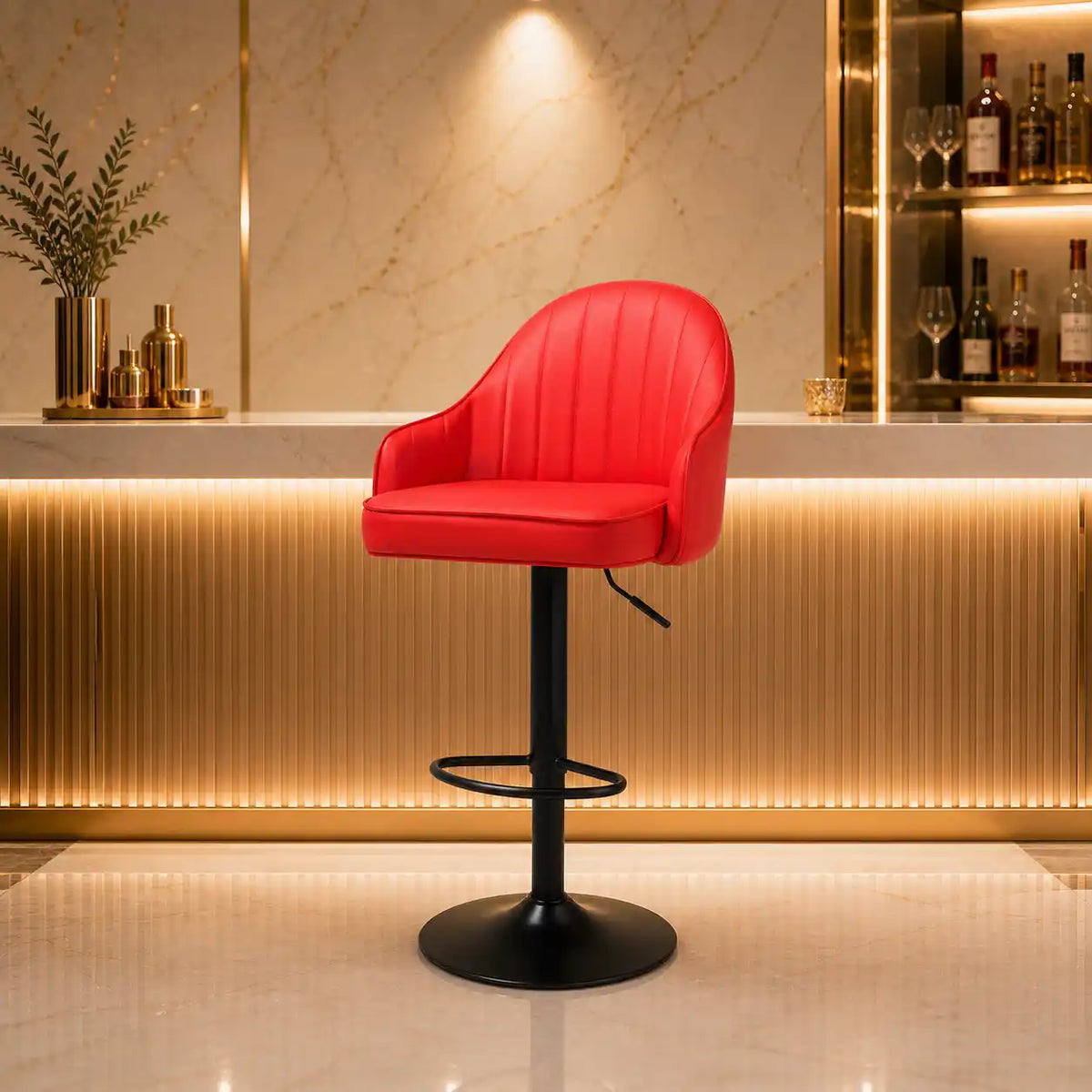Comfortable Height Adjustable Red Lounge Bar Stools with Black Metal Base
