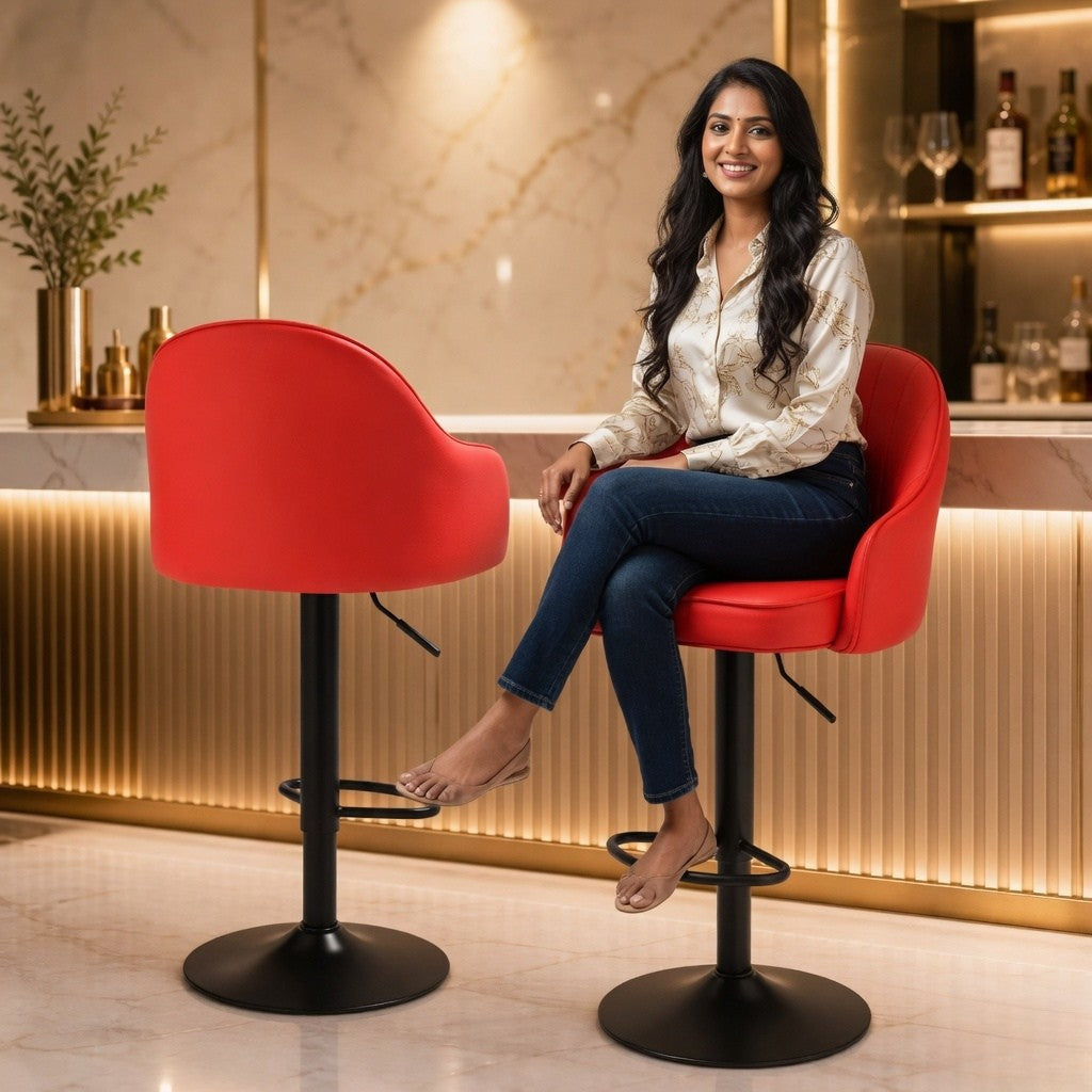 Comfortable Height Adjustable Red Lounge Bar Stools with Black Metal Base
