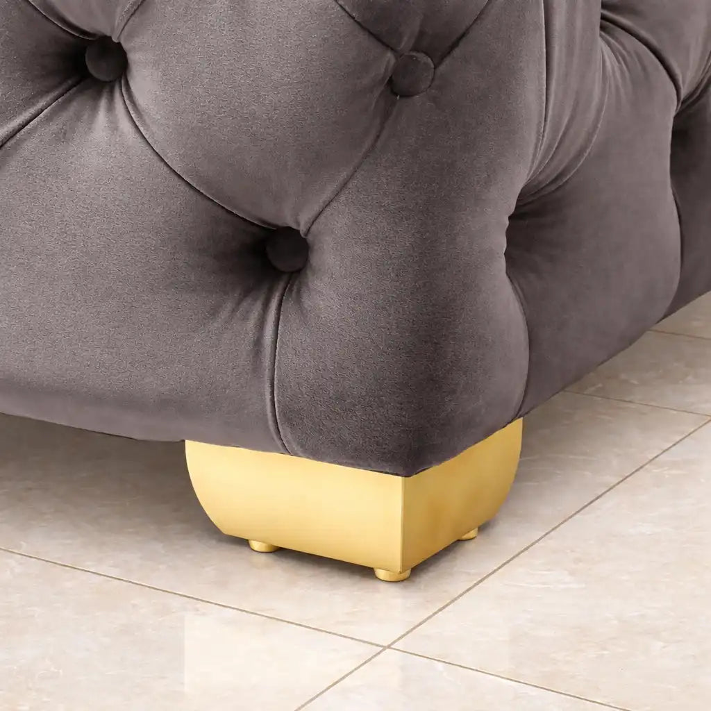 Comfy Square Shape Grey Color Velvet Ottoman with Golden Metal Finish