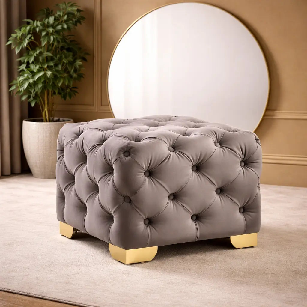 Comfy Square Shape Grey Color Velvet Ottoman with Golden Metal Finish