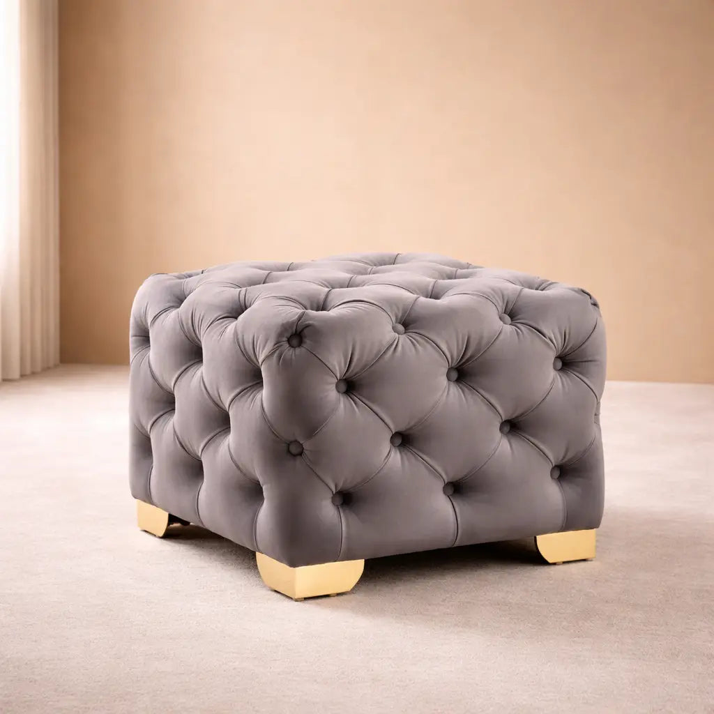 Comfy Square Shape Grey Color Velvet Ottoman with Golden Metal Finish