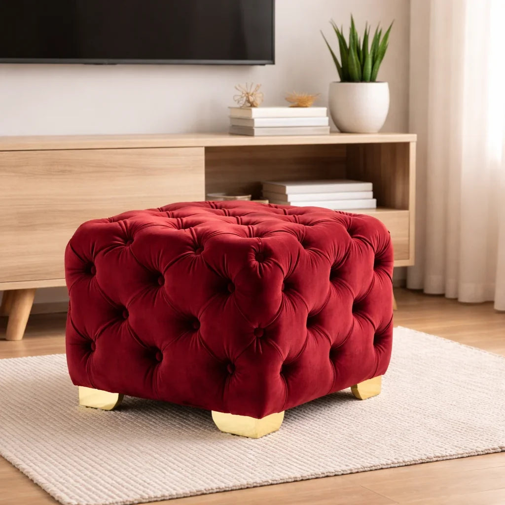 Comfy Square Shape Royal Red Velvet Ottoman with Golden Metal Finish