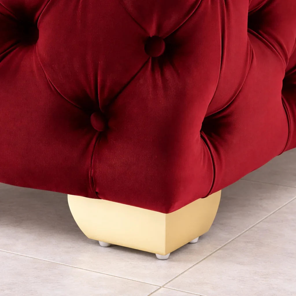Comfy Square Shape Royal Red Velvet Ottoman with Golden Metal Finish