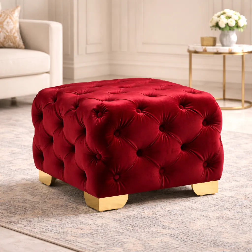 Comfy Square Shape Royal Red Velvet Ottoman with Golden Metal Finish