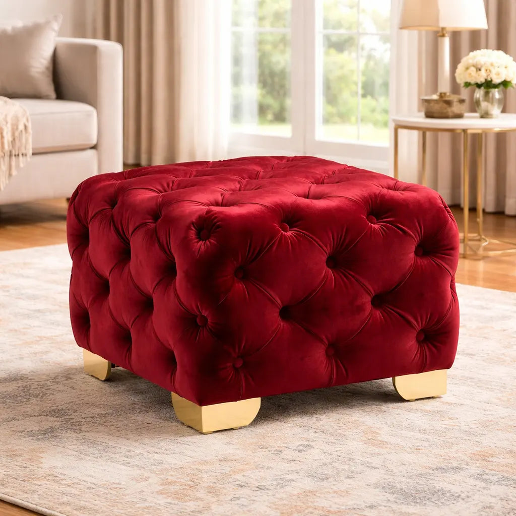 Comfy Square Shape Royal Red Velvet Ottoman with Golden Metal Finish