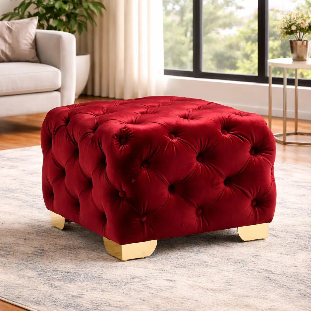 Comfy Square Shape Royal Red Velvet Ottoman with Golden Metal Finish