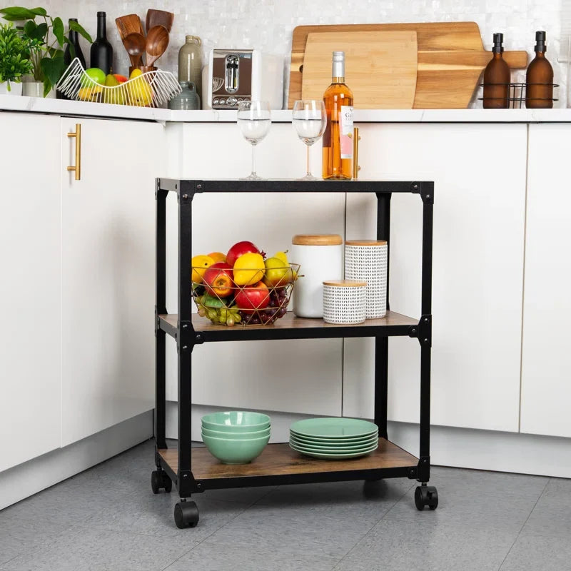 Compact Rustic Bar Cart with Wooden Black Frame