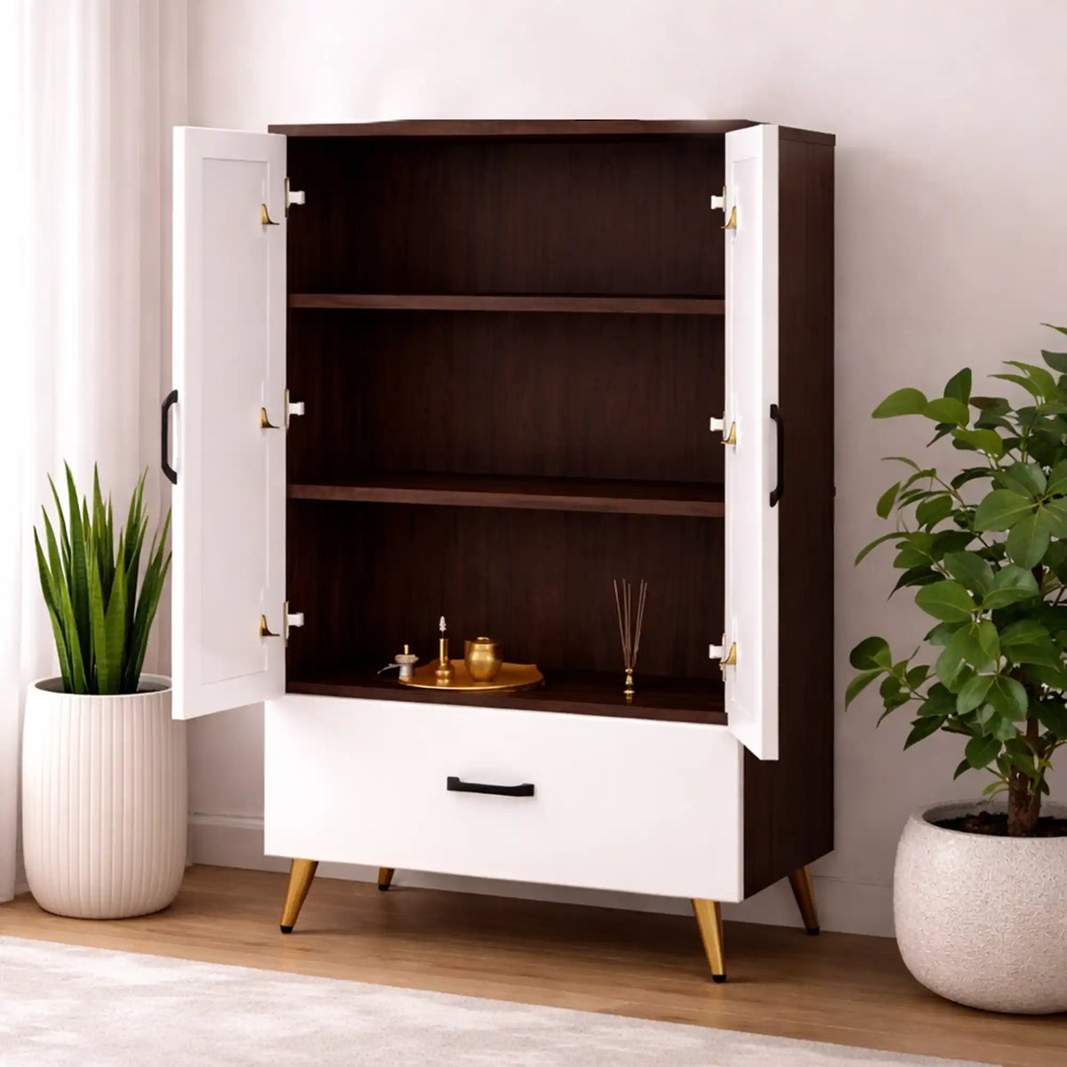 Compact Wooden Floor Temple with Bell Design Door & Spacious Storage Drawer for Home