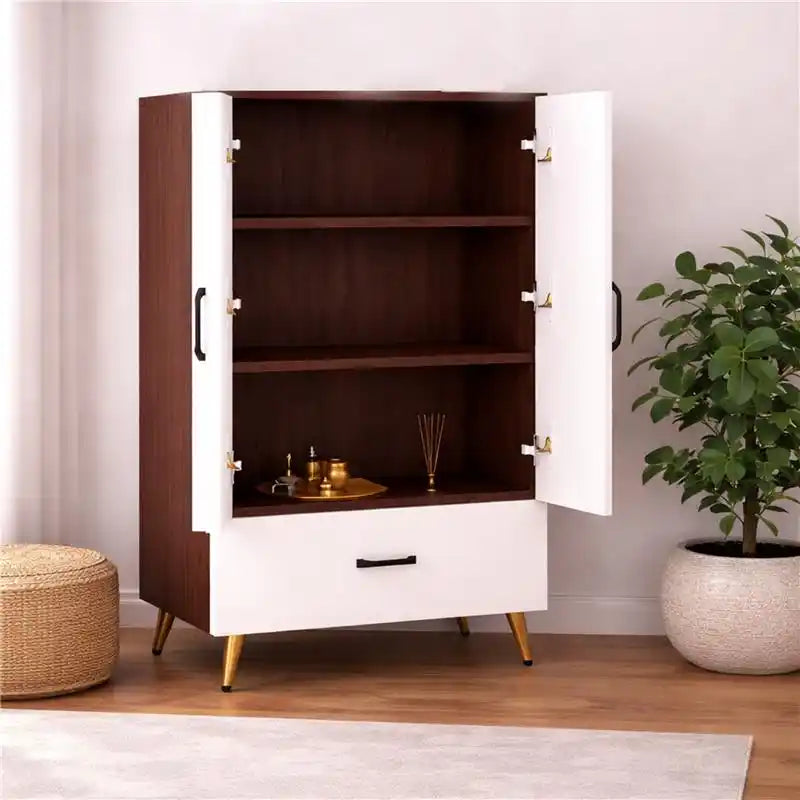 Compact Wooden Floor Temple with Bell Design Door & Spacious Storage Drawer for Home