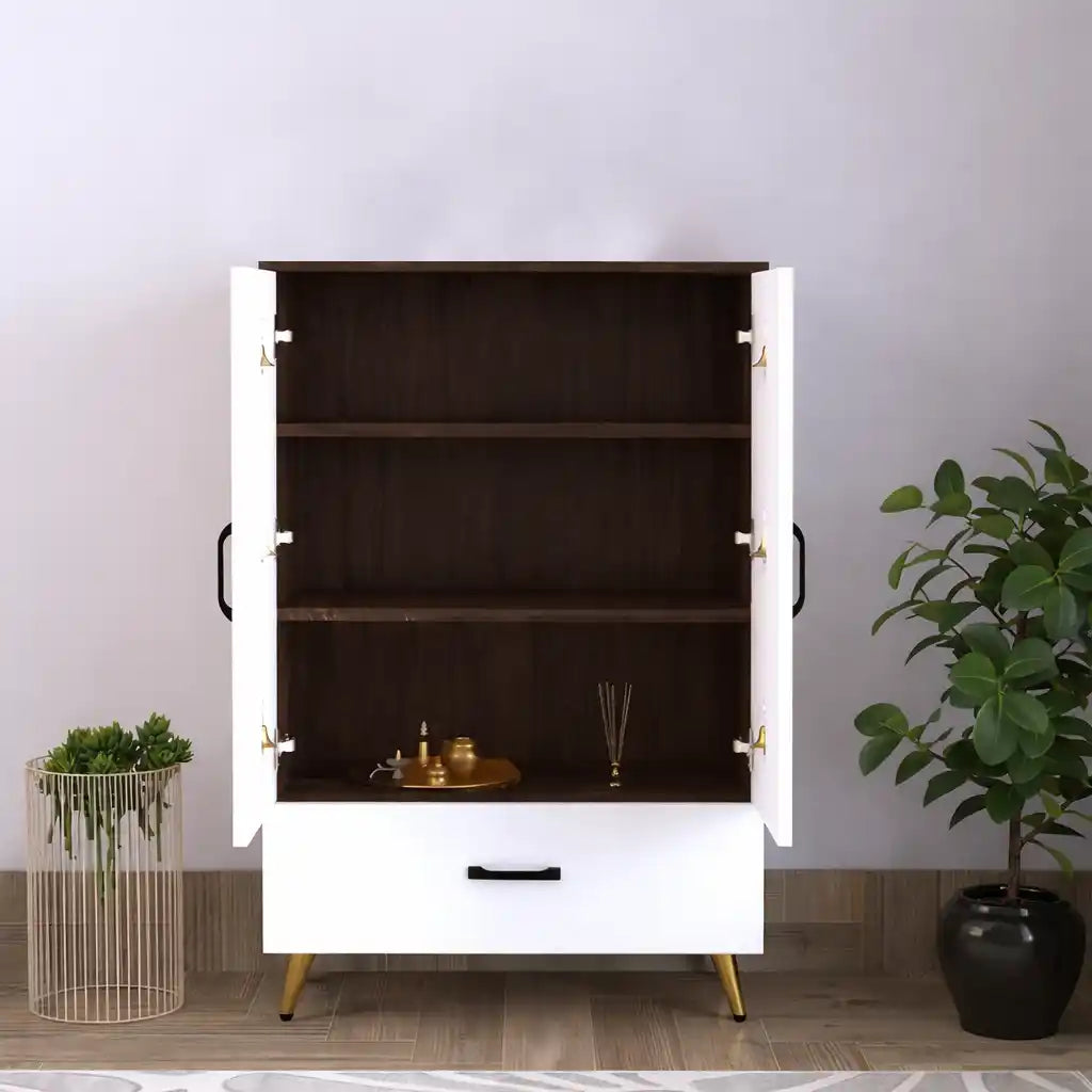 Compact Wooden Floor Temple with Bell Design Door & Spacious Storage Drawer for Home