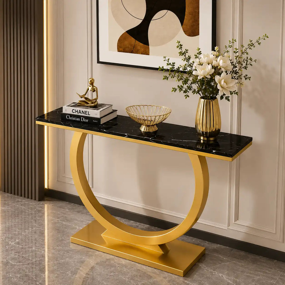 Contemporary Black Marble Console Table with Artistic Gold Circle Support