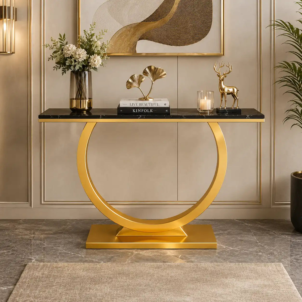 Contemporary Black Marble Console Table with Artistic Gold Circle Support