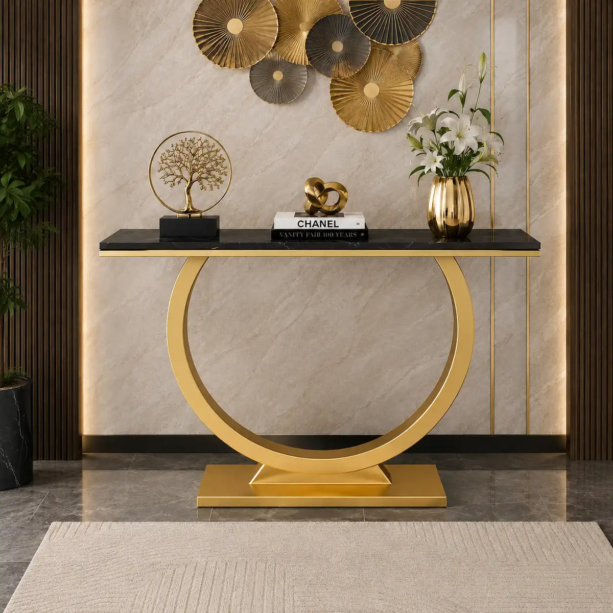 Contemporary Black Marble Console Table with Artistic Gold Circle Support