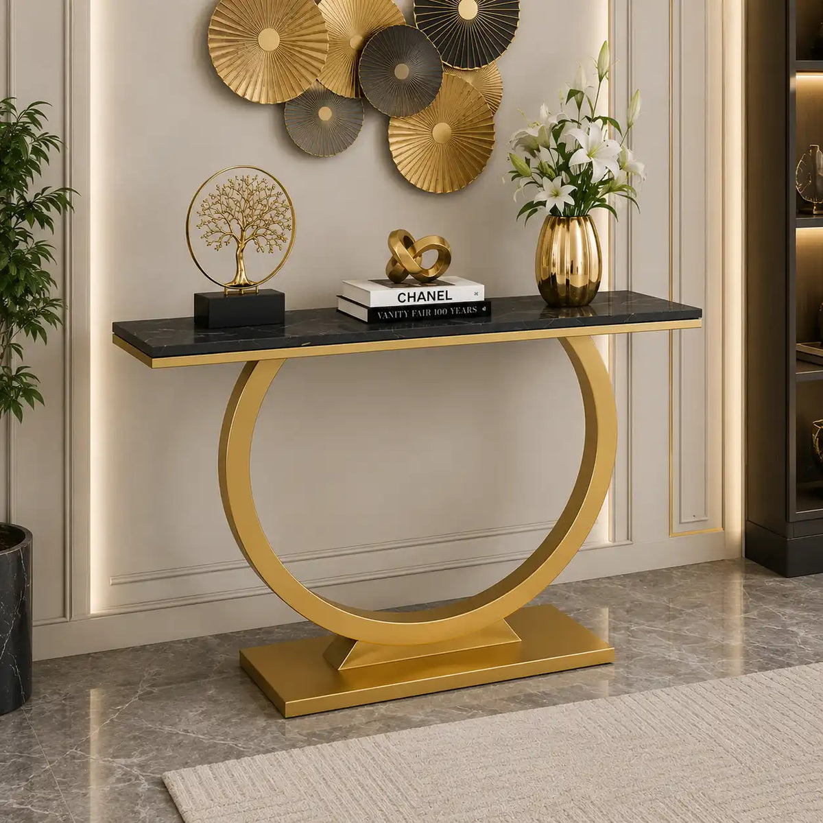 Contemporary Black Marble Console Table with Artistic Gold Circle Support
