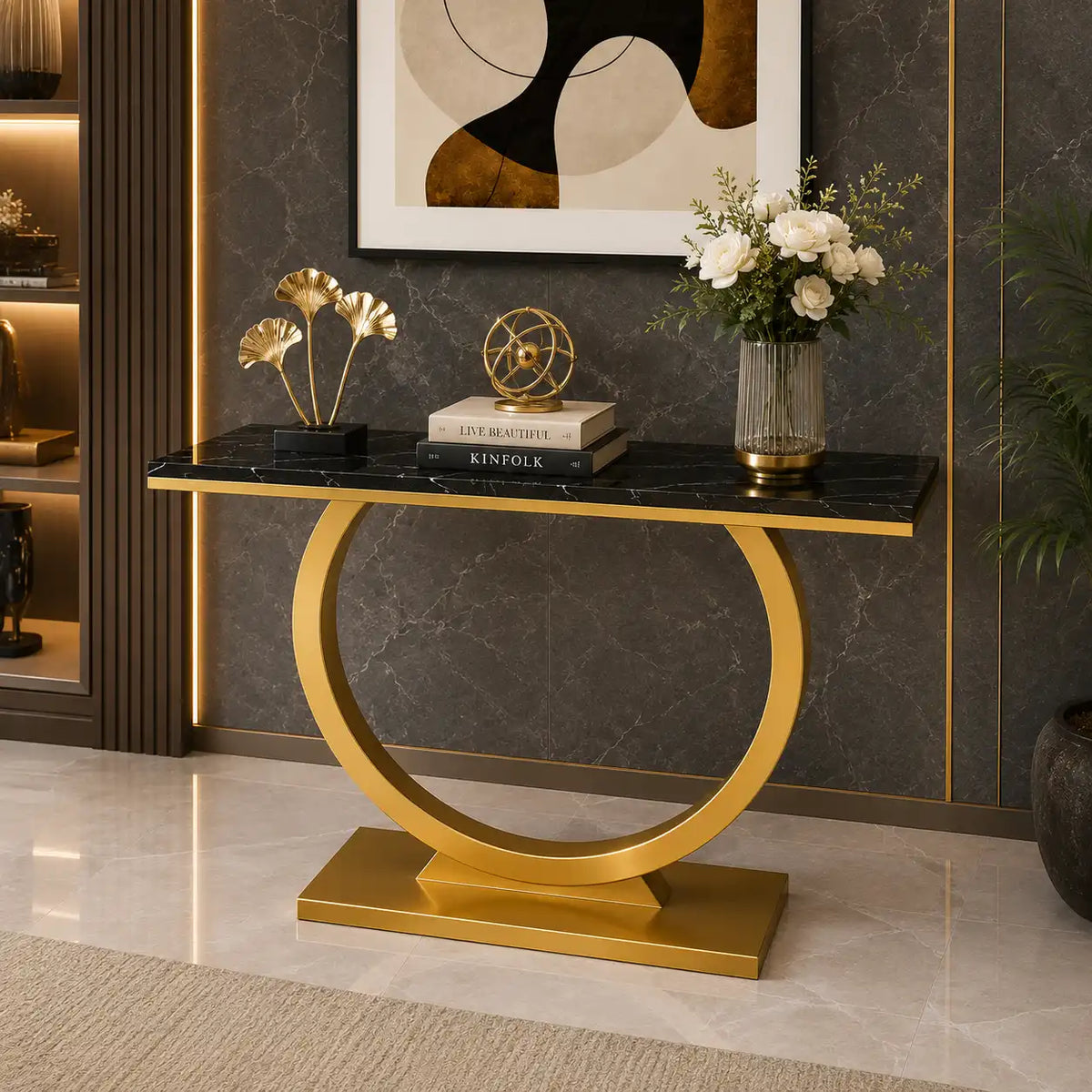 Contemporary Black Marble Console Table with Artistic Gold Circle Support