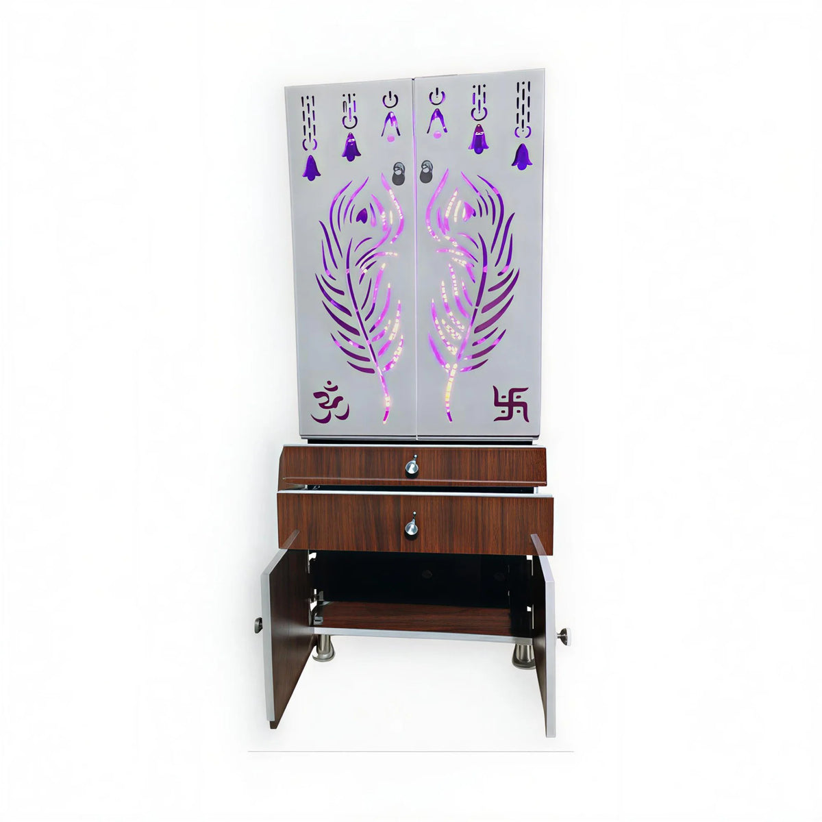 Contemporary Brown Wooden Temple for Home & Office with LED Swastik OM Panel Drawer & Cabinet Storage