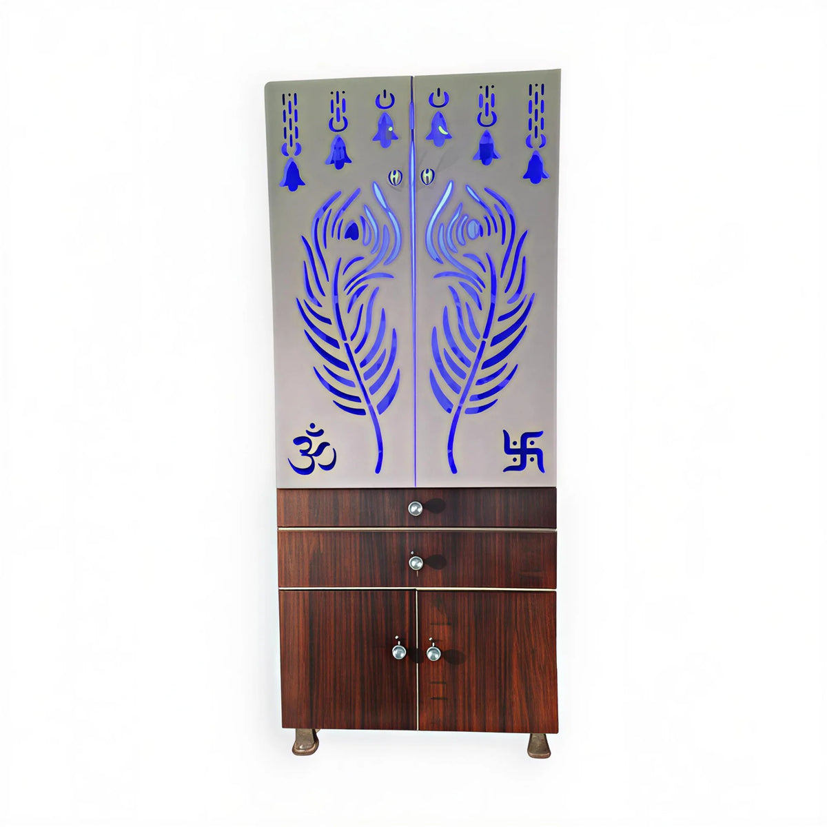Contemporary Brown Wooden Temple for Home & Office with LED Swastik OM Panel Drawer & Cabinet Storage