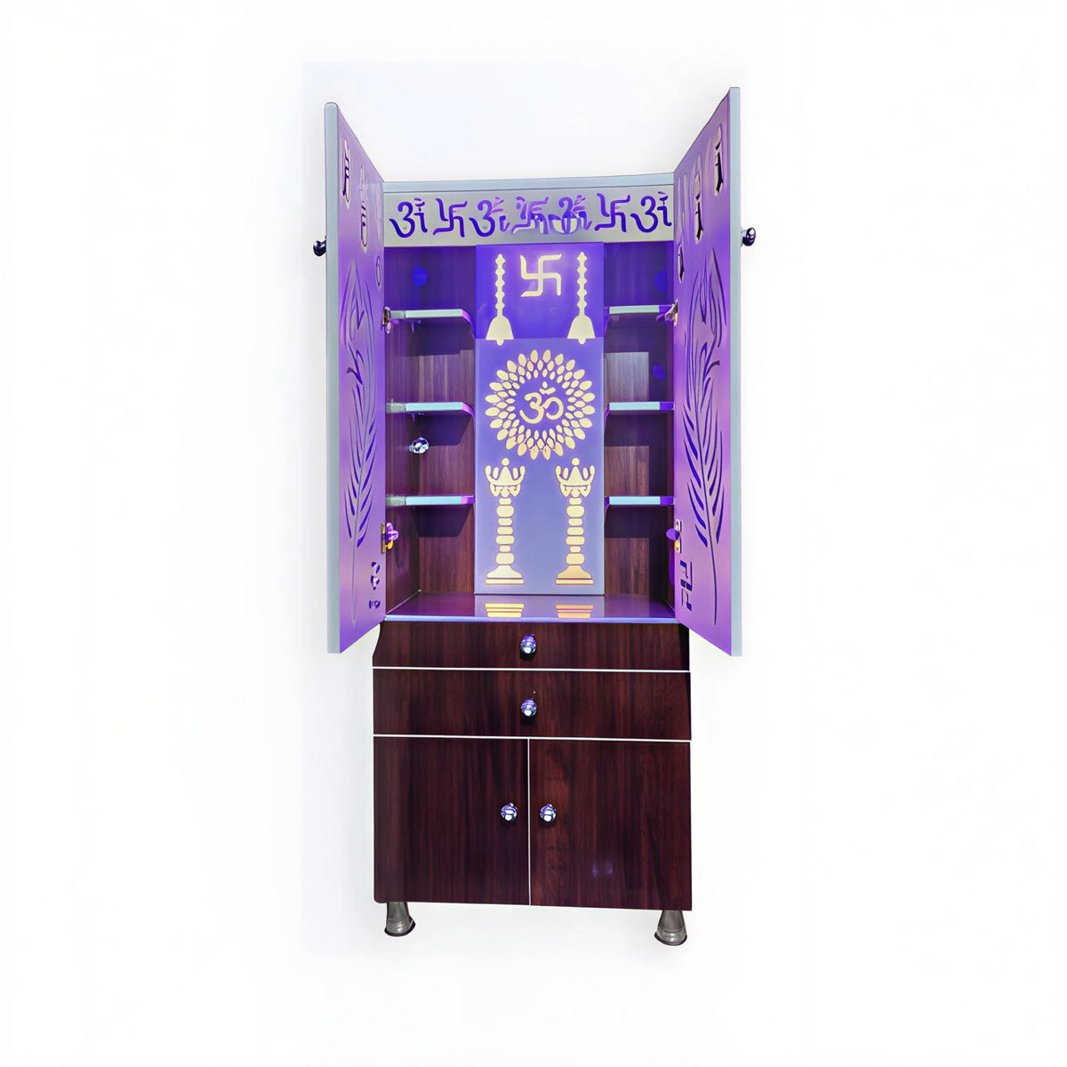 Contemporary Brown Wooden Temple for Home & Office with LED Swastik OM Panel Drawer & Cabinet Storage