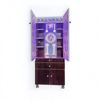 Contemporary Brown Wooden Temple for Home & Office with LED Swastik OM Panel Drawer & Cabinet Storage