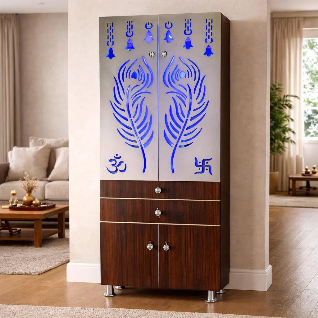 Contemporary Brown Wooden Temple for Home & Office with LED Swastik OM Panel Drawer & Cabinet Storage