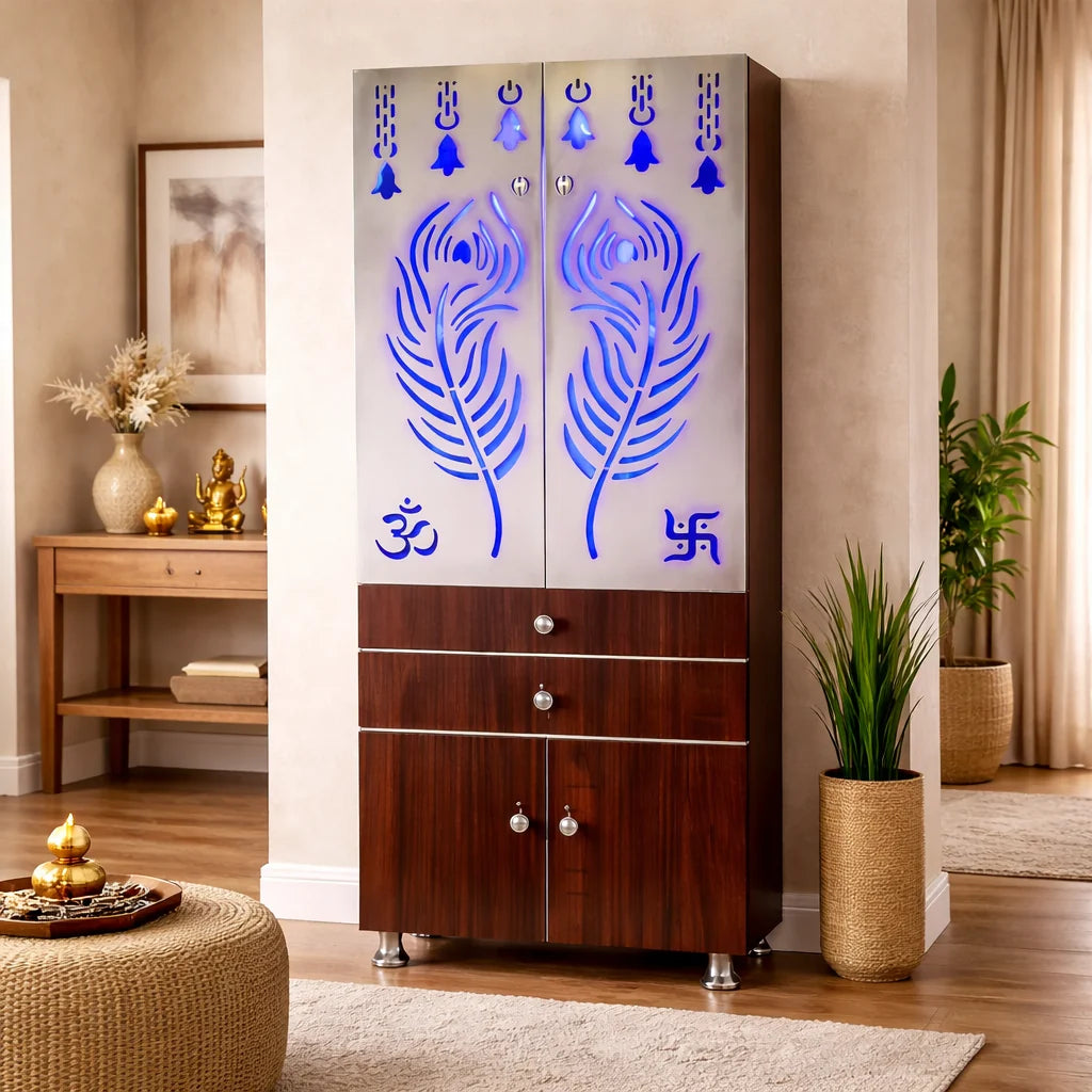 Contemporary Brown Wooden Temple for Home & Office with LED Swastik OM Panel Drawer & Cabinet Storage