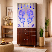 Contemporary Brown Wooden Temple for Home & Office with LED Swastik OM Panel Drawer & Cabinet Storage