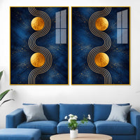 Contemporary Gold Sphere and Flow Line Acrylic Floating Wall Painting Set of 2