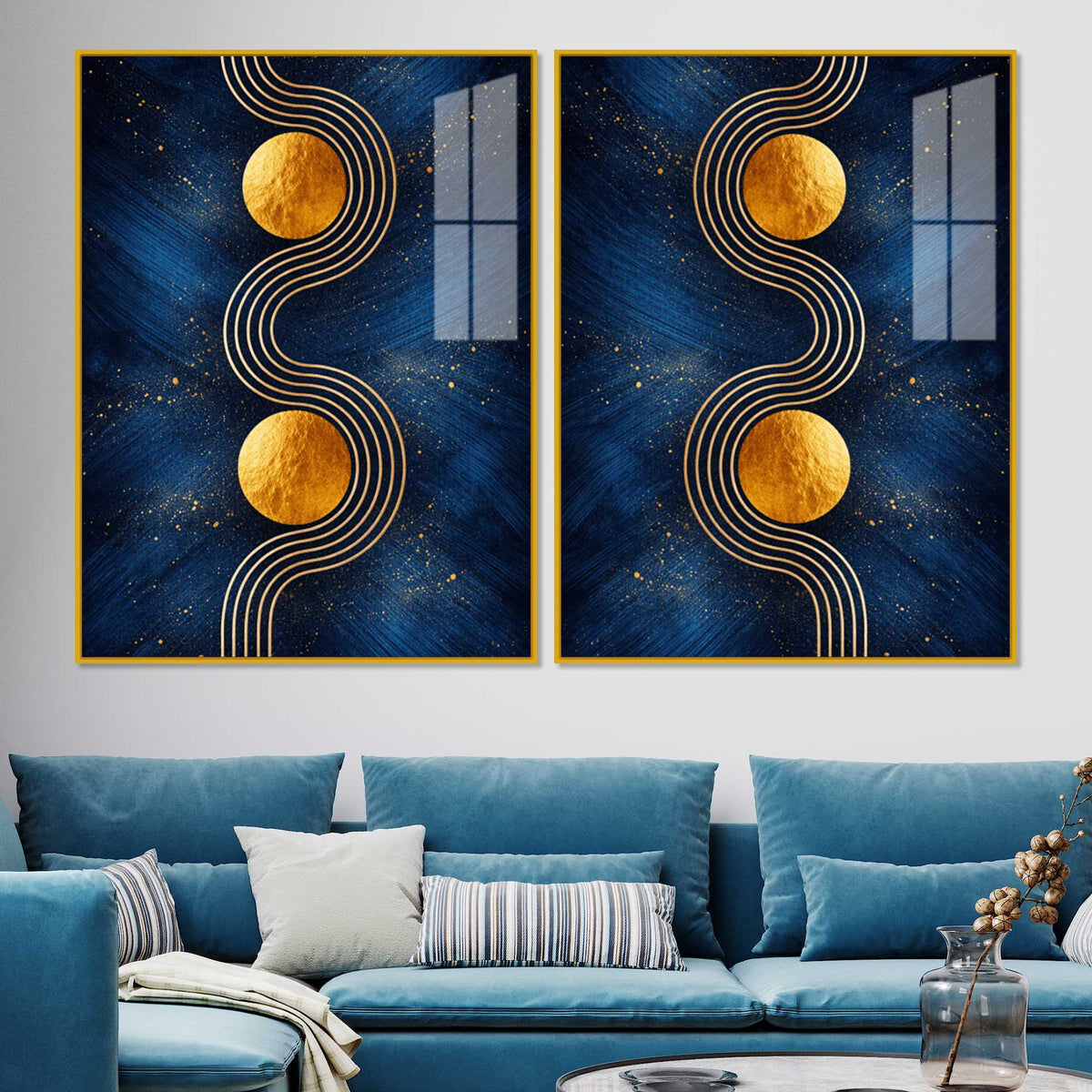 Contemporary Gold Sphere and Flow Line Acrylic Floating Wall Painting Set of 2