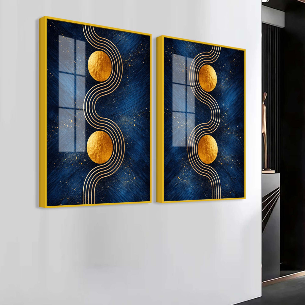 Contemporary Gold Sphere and Flow Line Acrylic Floating Wall Painting Set of 2