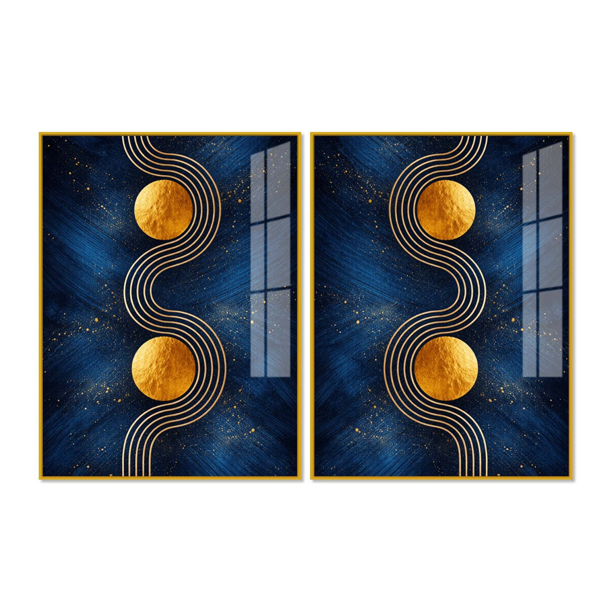 Contemporary Gold Sphere and Flow Line Acrylic Floating Wall Painting Set of 2