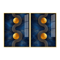 Contemporary Gold Sphere and Flow Line Acrylic Floating Wall Painting Set of 2