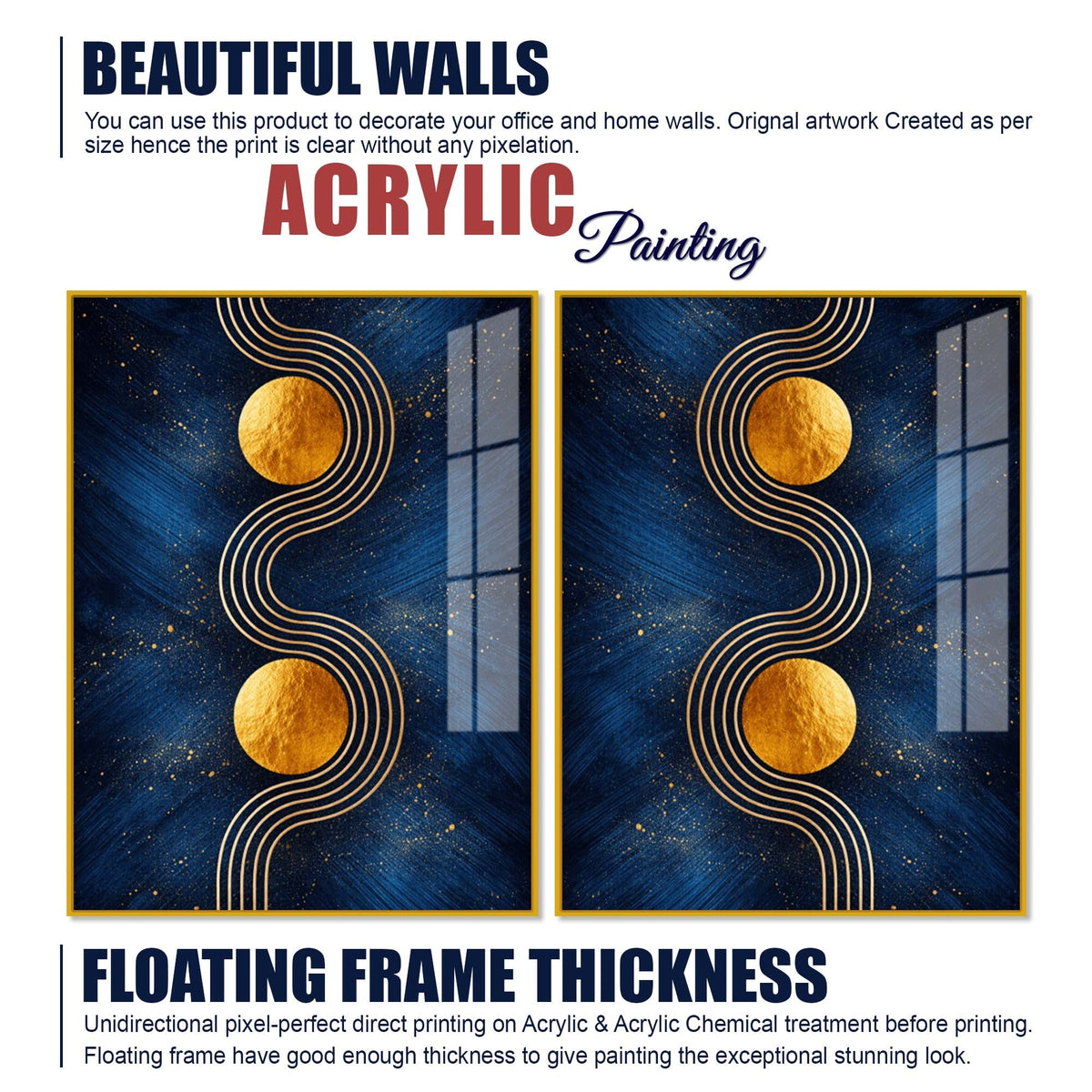 Contemporary Gold Sphere and Flow Line Acrylic Floating Wall Painting Set of 2