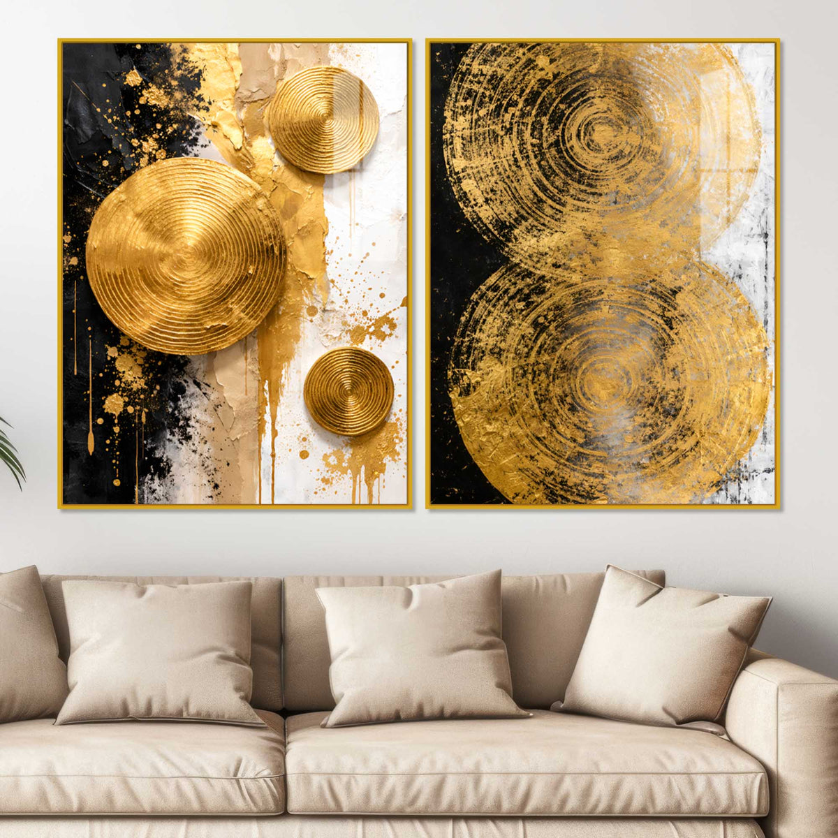 Contemporary Golden Sphere Abstract Acrylic Floating Wall Painting Set of 2