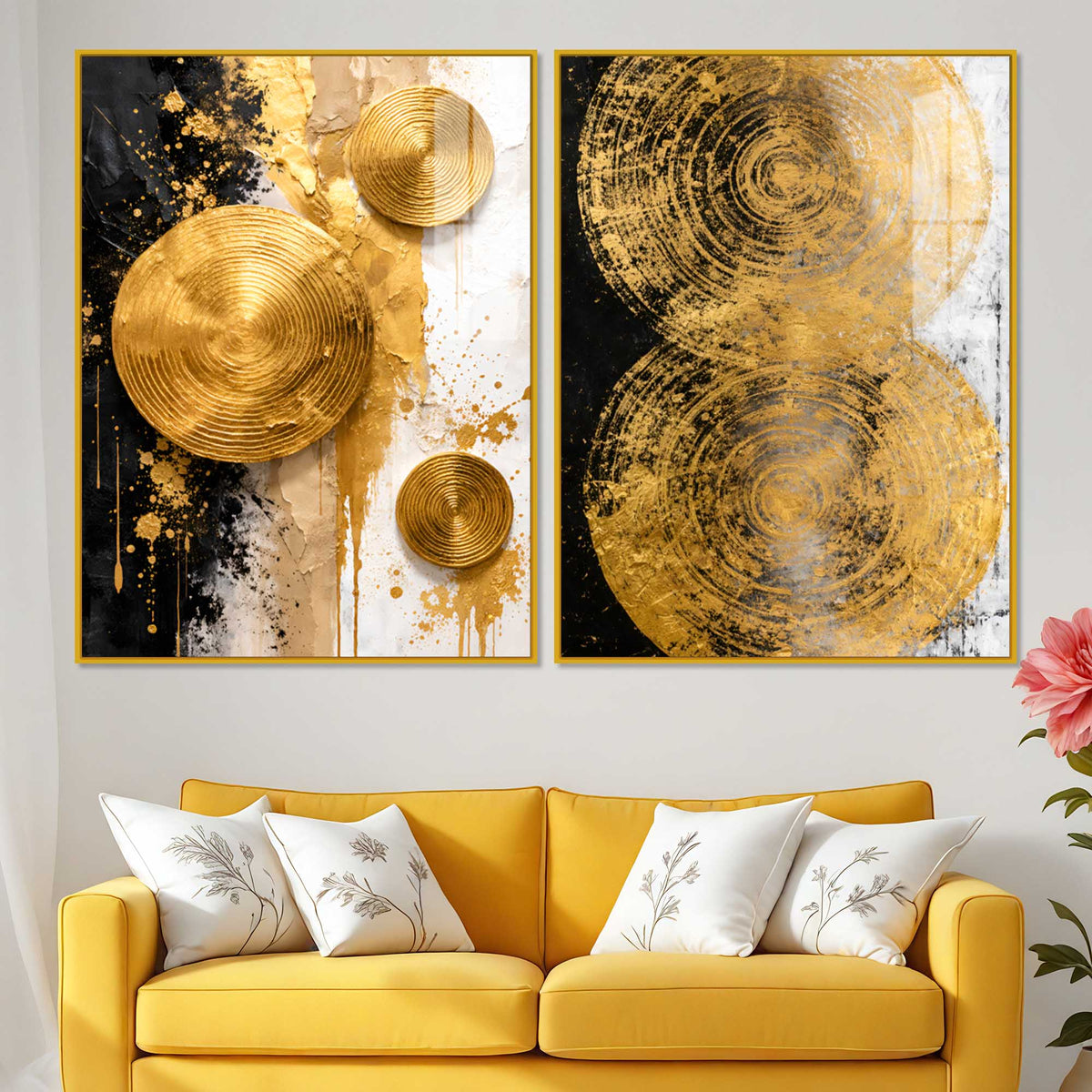 Contemporary Golden Sphere Abstract Acrylic Floating Wall Painting Set of 2