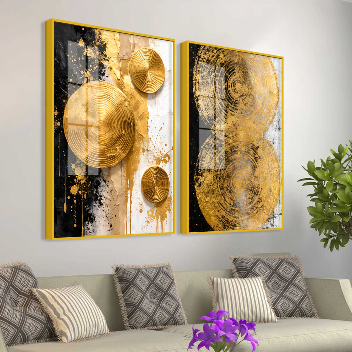 Contemporary Golden Sphere Abstract Acrylic Floating Wall Painting Set of 2