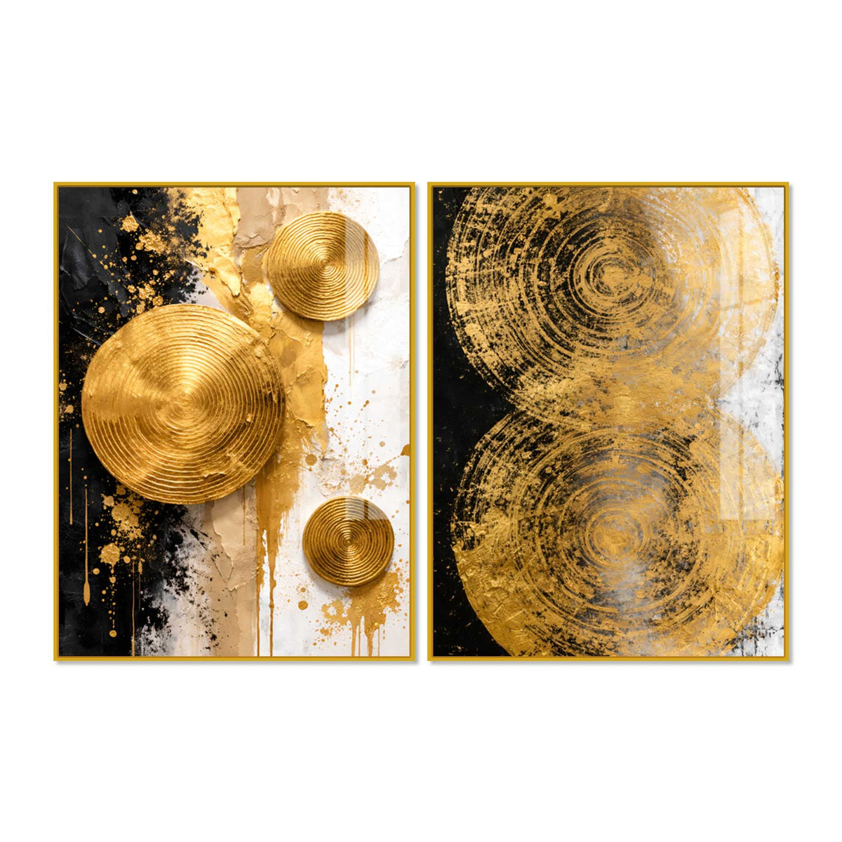 Contemporary Golden Sphere Abstract Acrylic Floating Wall Painting Set of 2