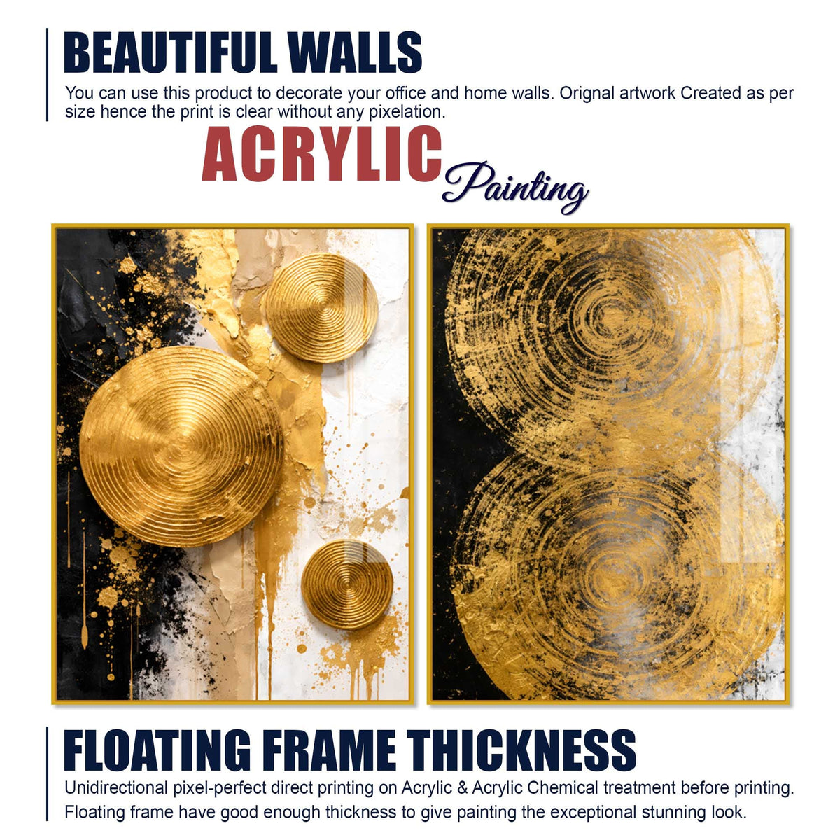 Contemporary Golden Sphere Abstract Acrylic Floating Wall Painting Set of 2