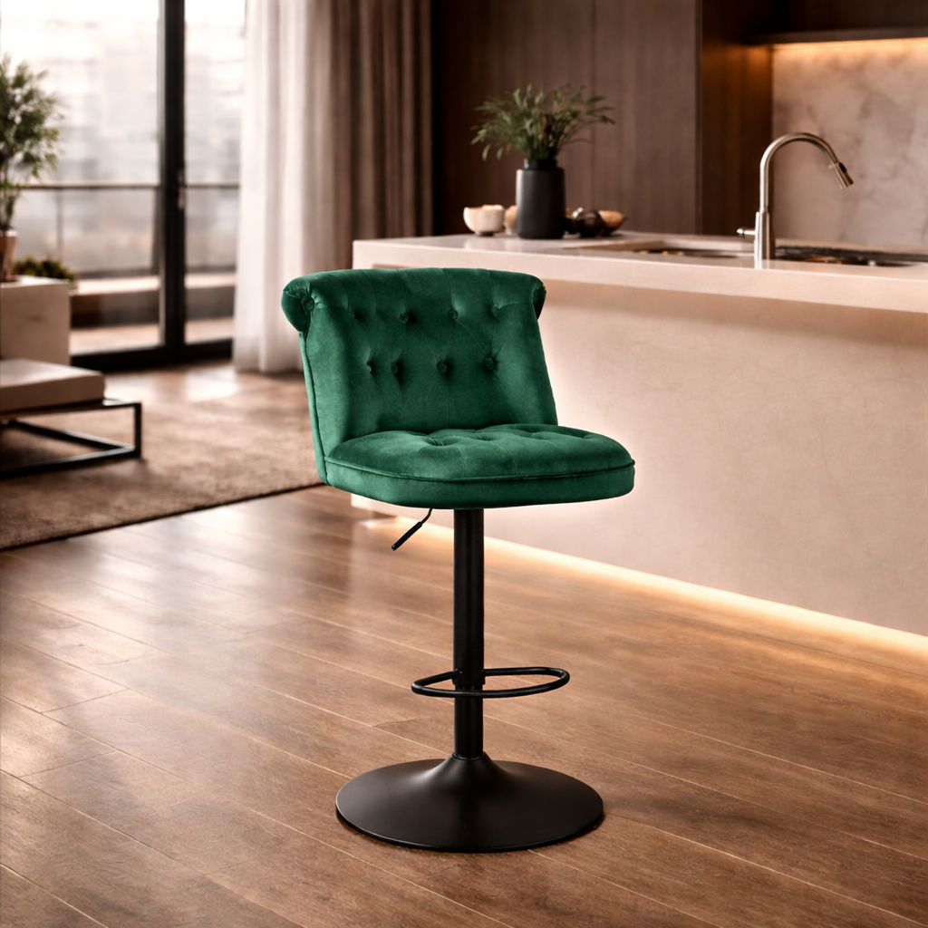 Contemporary Green Velvet Bar Stools with Matte Black Base