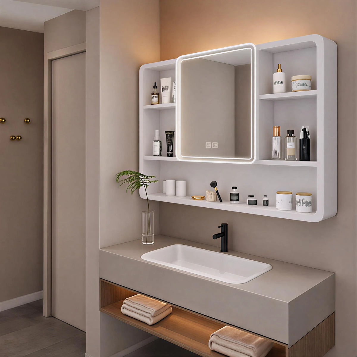 Contemporary LED Mirror with Display Storage and Touch Panel