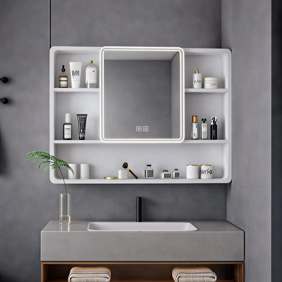 Contemporary LED Mirror with Display Storage and Touch Panel