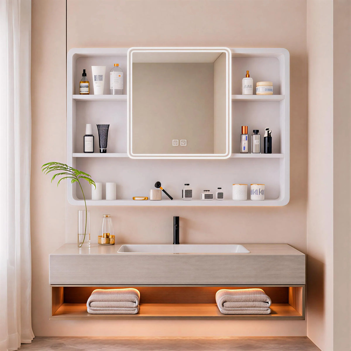 Contemporary LED Mirror with Display Storage and Touch Panel