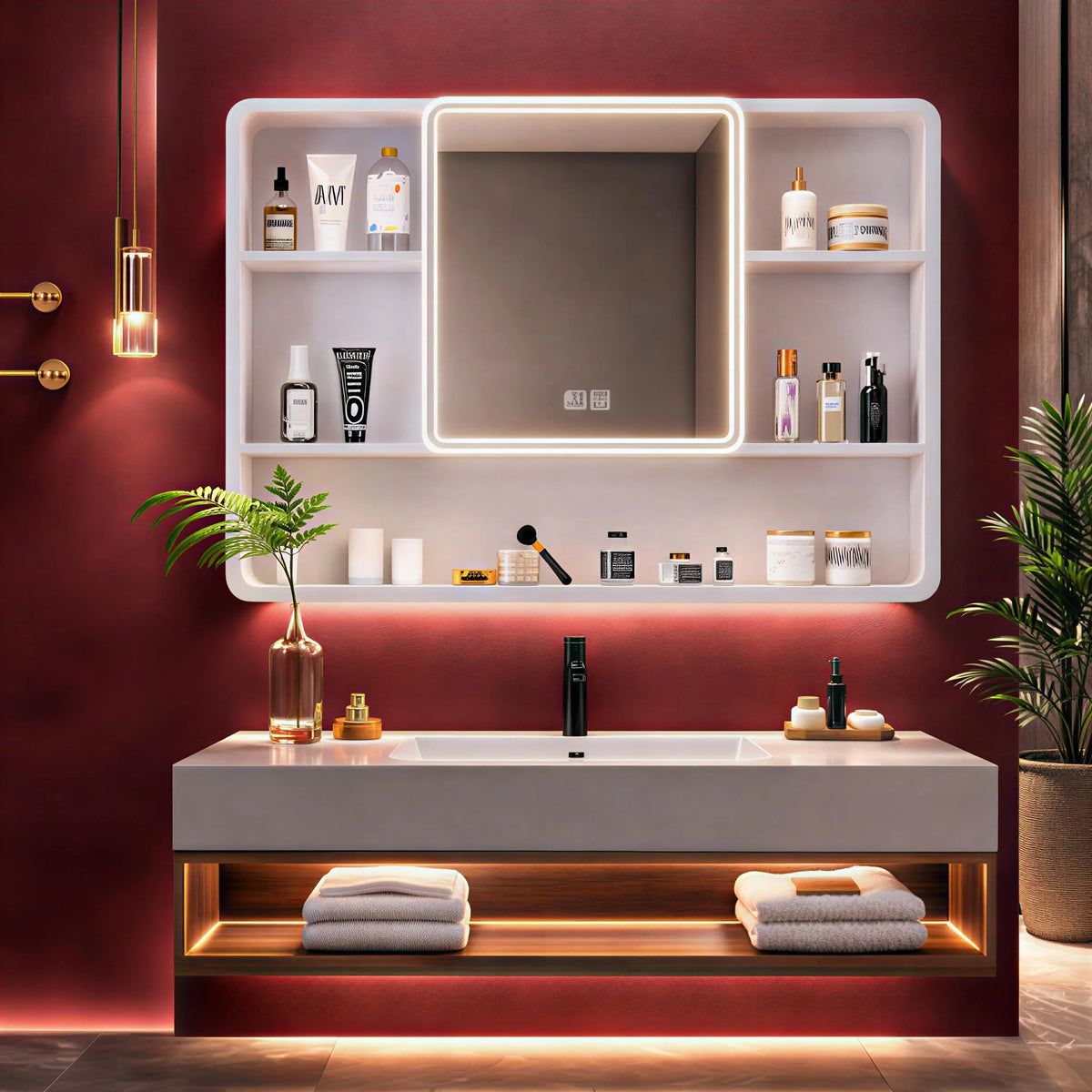 Contemporary LED Mirror with Display Storage and Touch Panel